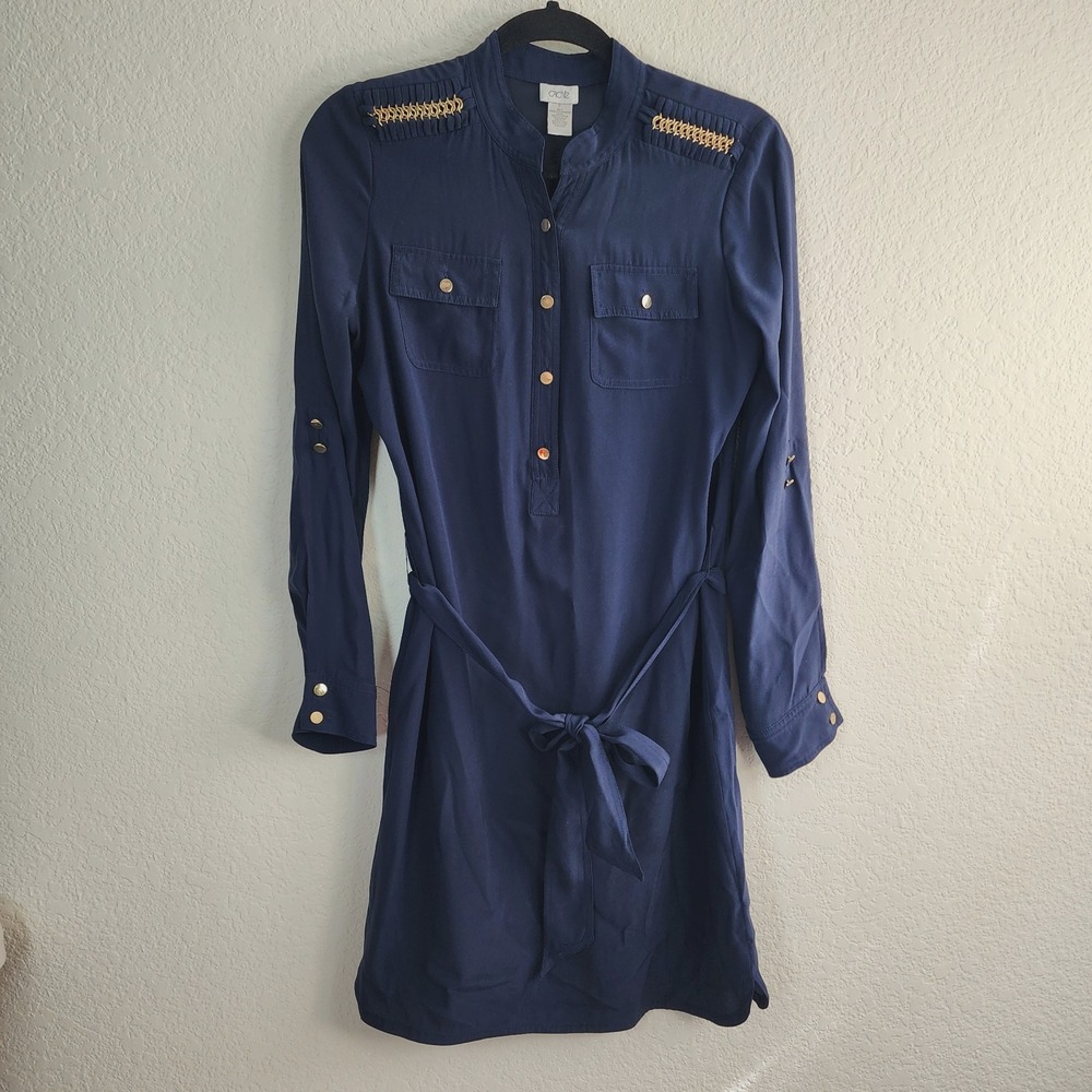 Cache Women S Shirtdress Navy Blue Military Dress Midi With Belt Silk Blend